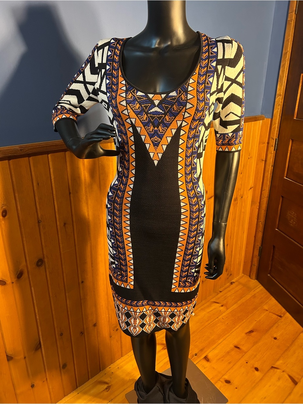 Jealous Tomato Black, Orange & Blue Geometric Tribal Midi Dress